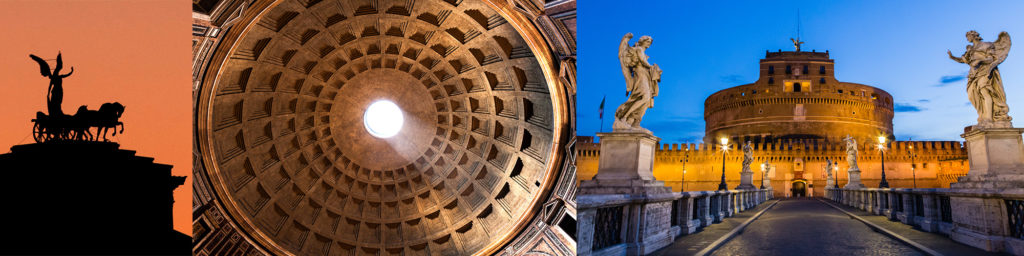 A collage of three images of Rome: the Vittoriano monument against an orange sunset, light shafting down through the Pantheon's dome and the Ponte Sant'Angelo (bridge to the Vatican) against a twilight sky. Its angel sculptures and the Castel Sant'Angelo — a cylindrical building at the end of the bridge — are bathed in warm gold light. Images copyright amandacastleman.com
